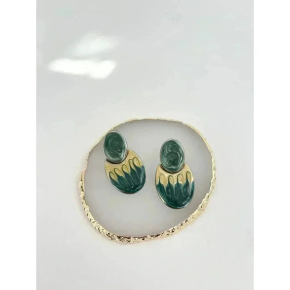 Vintage Enamel / Drip Glaze Retro Green & Yellow Oval Dangle Earrings - Picture 2 of 6
